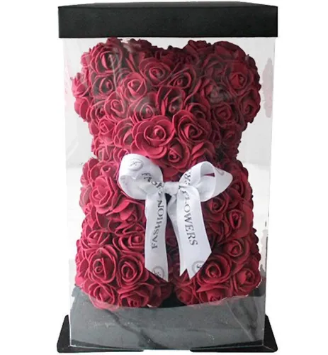 Маленький ведмедик з штучних 3D троянд Teddy Bear de Luxe 25 см Burgundy, бордовий ведмідь Тедді