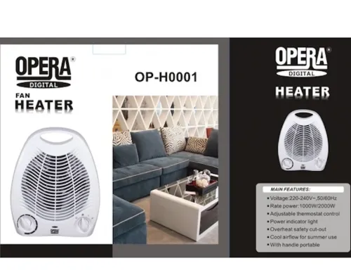 Електричний тепловентилятор Opera Digital OP-H0001 2000W дуйка 3 режими з ручкою, підлоговий обігрівач Опера 2000 Вт на 22 кв. м. для дому Білий