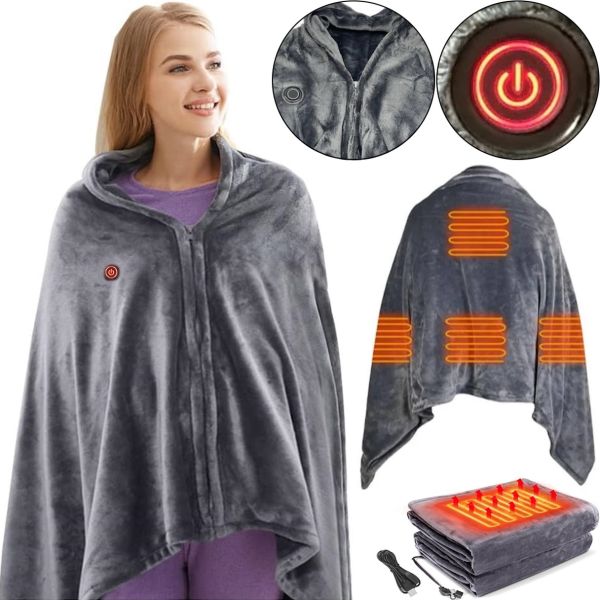 Туристичний плед пончо з підігрівом Heating Shawl Blanket JT - 202275 від USB Power Bank електроковдра із застібкою 3 режими нагріву для кемпінгу Сірий