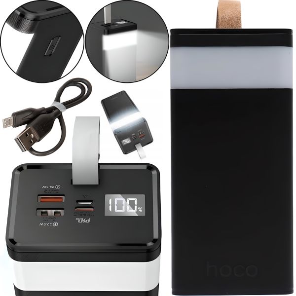 Зовнішній акумулятор з швидкою зарядкою Power Bank Hoco J89A 60000MAH 22.5 W, Портативна батарея повербанк Хоко 18w з ліхтариком і ремінцем Чорний