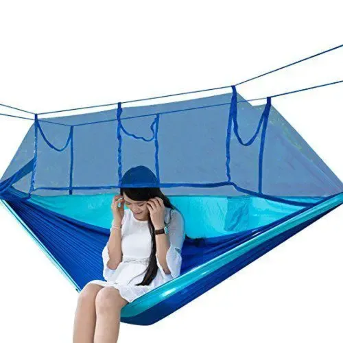 Підвісний туристичний нейлоновий гамак Hammock With Net Blue до 200 кг з москітною сіткою для кемпінгу, Похідний гамак 263х135 Синій