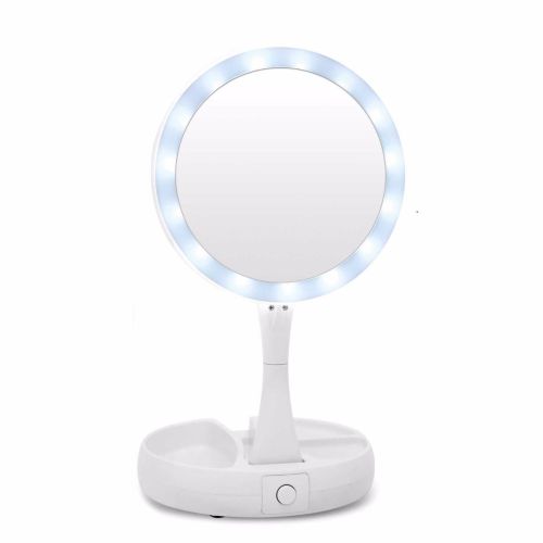 Настольное круглое косметическое зеркало с LED подсветкой My Fold Away для макияжа, Складное увеличительное 10x зеркало трансформер с органайзером