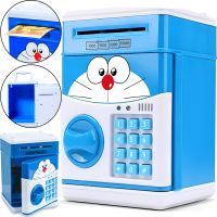 Дитяча електронна скарбничка сейф Cat Doraemon з купюроприймачем для грошей з кодовим замком електросейф з пін-кодом для купюр і монет для дітей синя