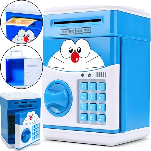 Дитяча електронна скарбничка сейф Cat Doraemon з купюроприймачем для грошей з кодовим замком електросейф з пін-кодом для купюр і монет для дітей синя