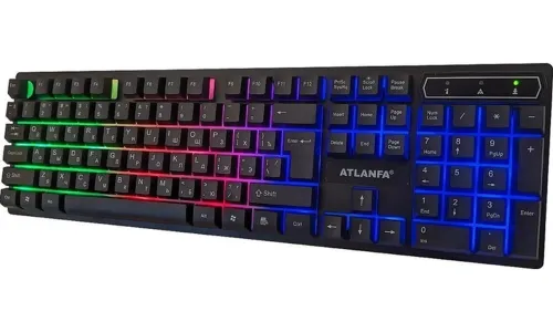 USB проводная геймерская компьютерная клавиатура Landslides KR-6300 с RGB Led подсветкой ATLANFA AT-6300, полноразмерная мембранная Черная