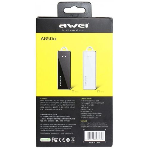 Бездротова Bluetooth гарнітура на вухо для смартфона Awei A850bl White, Блютуз моногарнітура Авей для телефону з наушным кріпленням Біла