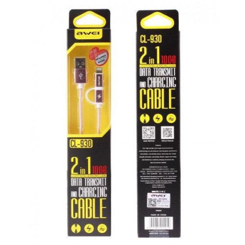 Кабель, шнур Awei CL-930C 2 в 1 Lightning і Micro USB, рожевий