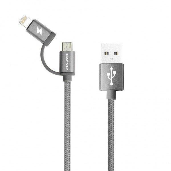 Кабель, шнур Awei CL-930C 2 в 1 Lightning і Micro USB, сріблястий