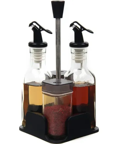 Набір кухонних ємностей Seasoning Bottle T221 - 3 для спецій, олії та оцту 4 ємності на підставці, Спецовница органайзер для зберігання приправ Чорний