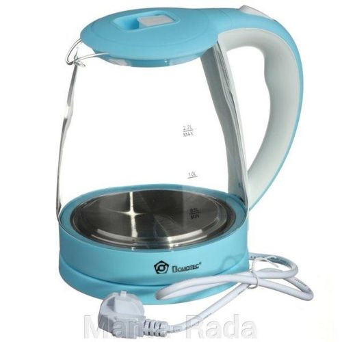 Стеклянный электрочайник Domotec MS-8214 Sky Blue 2200W 2.2 л, чайник электрический с цветной RGB подсветкой