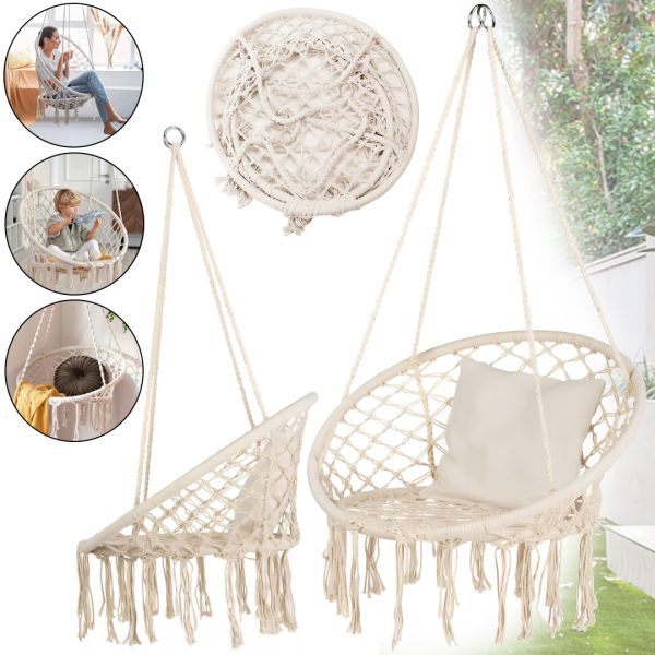 Підвісне крісло-гойдалка Outtec Boho XXL O-66488 120x80x60 см плетена садова гойдалка, бразильський гамак для дому та тераси до 150 кг Бежевий