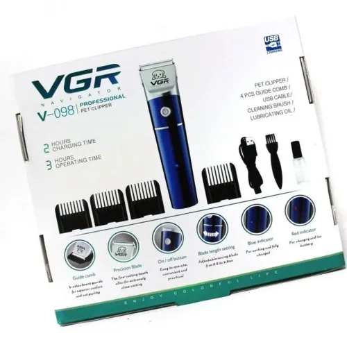 Професійна бездротова машинка для стрижки тварин VGR V-098 Pro акумуляторна для грумінгу собак і кішок 2 швидкості 4 насадки з індикатором