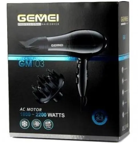Професійний фен GEMEI GM-103 2400W для сушіння і укладання волосся з насадками, Фен GM103 з дифузором з сенсорним датчиком дотику Чорний