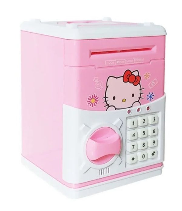 Дитяча електронна скарбничка сейф Hello Kitty з купюроприймачем, електросейф для грошей кодовим замком рожева