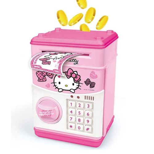 Детская электронная копилка сейф Hello Kitty с купюроприемником, электросейф для денег кодовым замком розовая