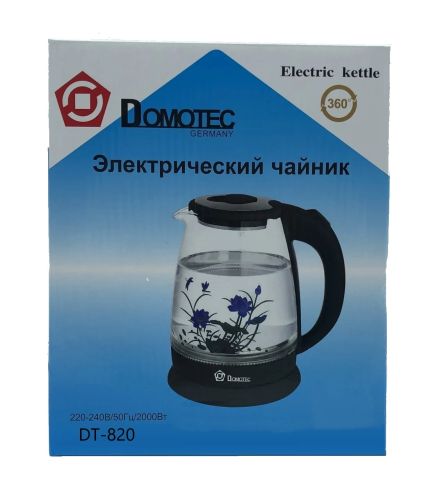 Скляний електрочайник Domotec MS-820 чорний квітка Black 2000W 2 л, чайник електричний з підсвічуванням