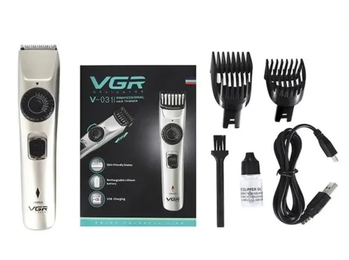 Беспроводная аккумуляторная машинка VGR V-031 для стрижки волос и бороды со сменными насадками 5W, Портативный триммер бритва для бритья, Серебристый