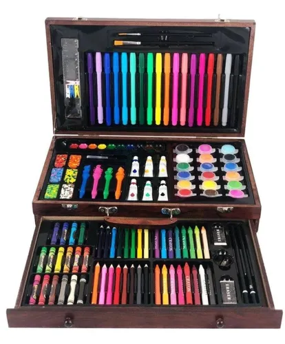 Дитячий набір для малювання і творчості Super Artist Tool Kit 123 предмета в дерев'яному валізі Художній комплект олівців і фарб в кейсі