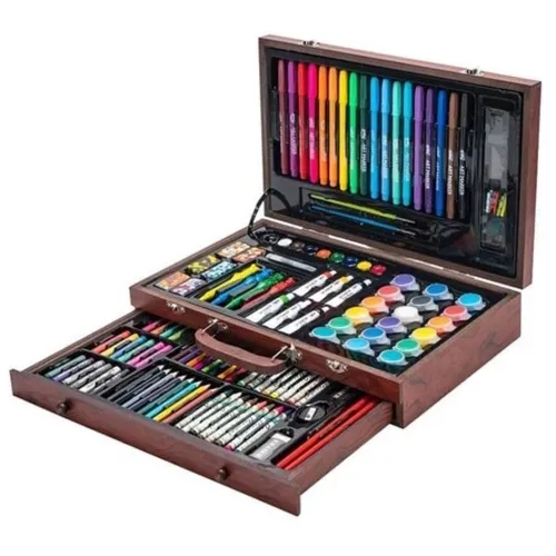 Дитячий набір для малювання і творчості Super Artist Tool Kit 123 предмета в дерев'яному валізі Художній комплект олівців і фарб в кейсі