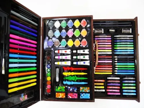 Дитячий набір для малювання і творчості Super Artist Tool Kit 123 предмета в дерев'яному валізі Художній комплект олівців і фарб в кейсі