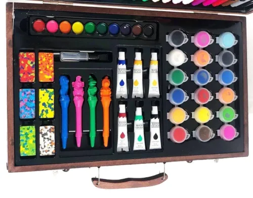 Дитячий набір для малювання і творчості Super Artist Tool Kit 123 предмета в дерев'яному валізі Художній комплект олівців і фарб в кейсі