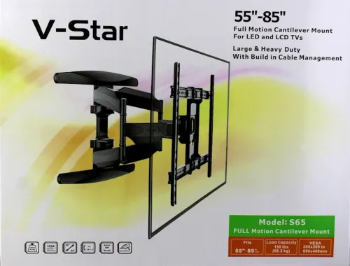Настінний поворотний кронштейн V-Star S65 55"-85" дюймів для телевізора до 68.2 кг, Підвісний тримач кріплення для ТВ плазми 55-85 дюймів Чорний
