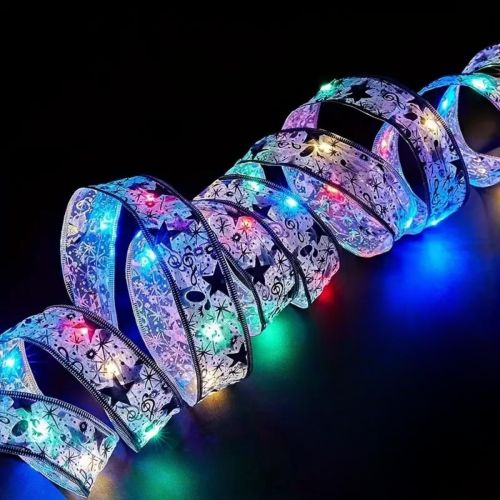 Светодиодная гирлянда в виде ленты LaceShine RGB 5 метров с рисунком снежинок на батарейках, Новогодняя лента 5м 50 LED диодов Разноцветная