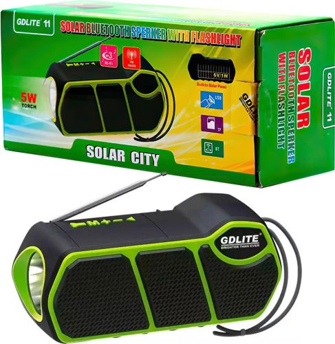 Беспроводная Bluetooth колонка фонарь Solar GDLite GD-11 1500 mAh с солнечной панелью, Аккумуляторный радиоприемник с фонариком FM Power Bank Зеленый