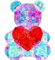 Кришталевий ведмедик Тедді з сердечком Love Bear Red 3D з LED підсвічуванням 25 см, Світлодіодний голографічний світильник ведмідь із серцем від USB Червоний