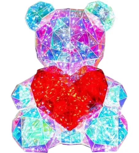 Кришталевий ведмедик Тедді з сердечком Love Bear Red 3D з LED підсвічуванням 25 см, Світлодіодний голографічний світильник ведмідь із серцем від USB Червоний
