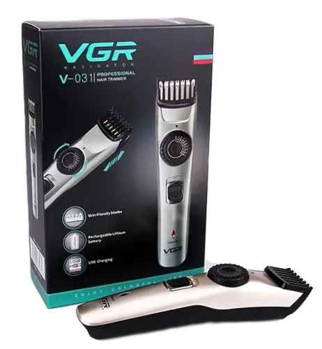 Беспроводная аккумуляторная машинка VGR V-031 для стрижки волос и бороды со сменными насадками 5W, Портативный триммер бритва для бритья, Серебристый