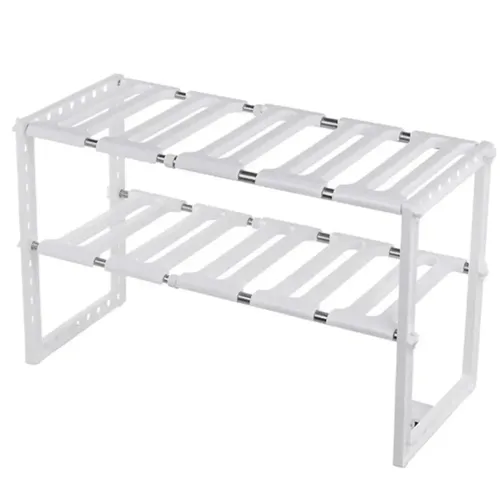 Багатофункціональна регульована кухонна Полиця стійка Kitchen Rack 38-70 см для зберігання посуду, розсувний органайзер під раковину 2 яруси Біла