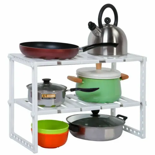Багатофункціональна регульована кухонна Полиця стійка Kitchen Rack 38-70 см для зберігання посуду, розсувний органайзер під раковину 2 яруси Біла