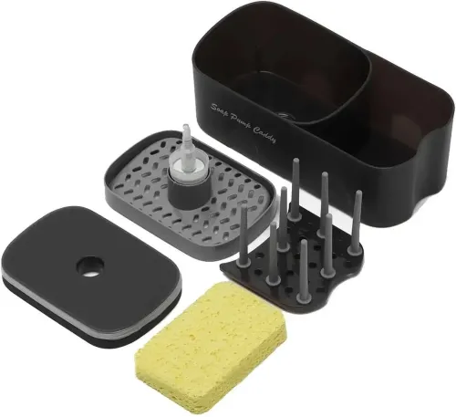 Нажимной диспенсер органайзер Soap pump caddy для моющего средства и кухонной губки 300мл, Подставка для губок с мыльницей дозатором Черный