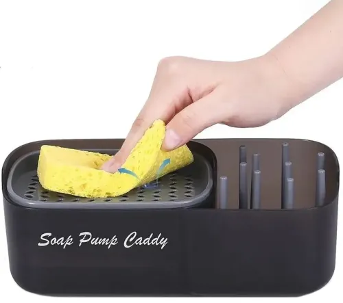 Нажимной диспенсер органайзер Soap pump caddy для моющего средства и кухонной губки 300мл, Подставка для губок с мыльницей дозатором Черный