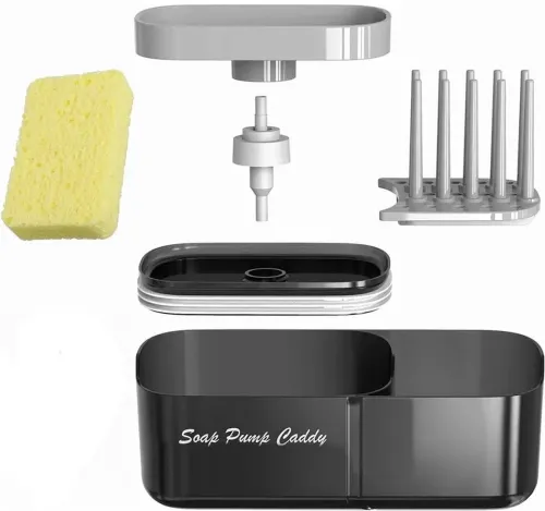 Нажимной диспенсер органайзер Soap pump caddy для моющего средства и кухонной губки 300мл, Подставка для губок с мыльницей дозатором Черный