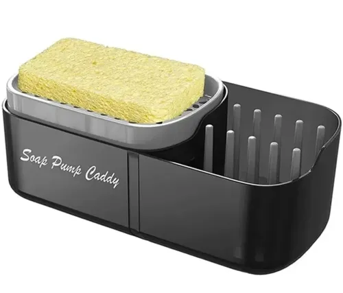 Нажимной диспенсер органайзер Soap pump caddy для моющего средства и кухонной губки 300мл, Подставка для губок с мыльницей дозатором Черный