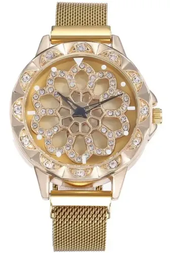 Жіночий наручний годинник Flower Diamond Rotation Watch Gold WJ-8052 з обертовим роторним циферблатом і ремінцем на магнітній застібці Золото