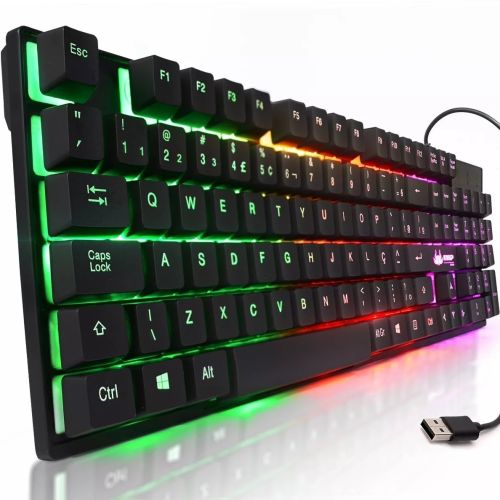 USB проводная геймерская компьютерная клавиатура Landslides KR-6300 с RGB Led подсветкой ATLANFA AT-6300, полноразмерная мембранная Черная