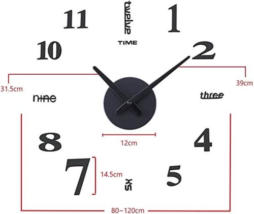 Великі 3D безшумні настінні годинники Diy Clock ZH01510 BLACK 90 см, Безкаракасні самоклеючі 3Д годинник цифри на стіну для дому, офісу чорні