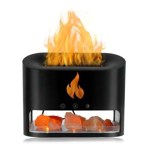 Настольный увлажнитель воздуха ночник с соляными камнями Docsal Flame Aroma Diffuser CAO с LED подсветкой 5W, Соляная лампа аромадиффузор Черный