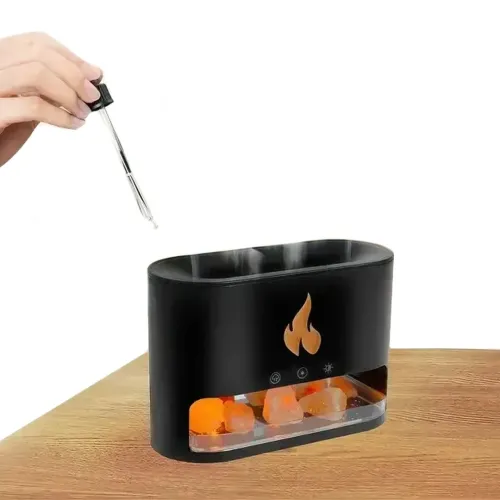 Настольный увлажнитель воздуха ночник с соляными камнями Docsal Flame Aroma Diffuser CAO с LED подсветкой 5W, Соляная лампа аромадиффузор Черный