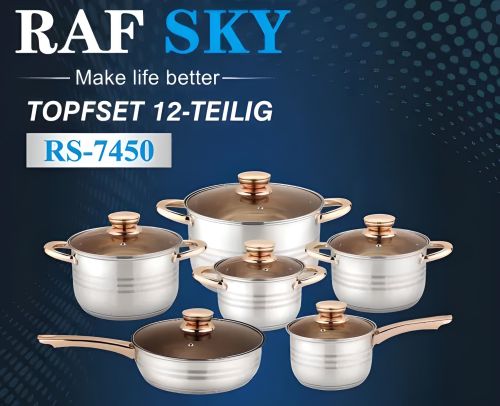 Набір 4 каструль RAF SKY RS7450 з нержавіючої сталі, кухонний комплект посуду на 12 предметів каструля, сковорідка ківш з антипригарним покриттям
