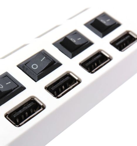 USB хаб Memos на 4 порти з перемикачами White, живлення від USB 2.0 розгалужувач з кнопками on off концентратор перехідник HUB 480 Мбіт 5В Білий