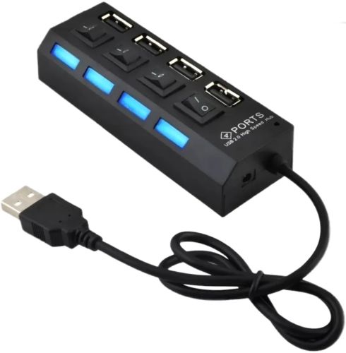 USB хаб Memos на 4 порти з перемикачами Black, живлення від USB 2.0 розгалужувач з кнопками on off концентратор перехідник HUB 480 Мбіт 5В Чорний