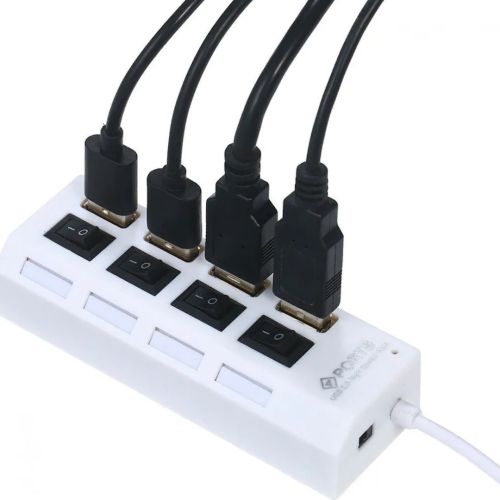 USB хаб Memos на 4 порти з перемикачами White, живлення від USB 2.0 розгалужувач з кнопками on off концентратор перехідник HUB 480 Мбіт 5В Білий