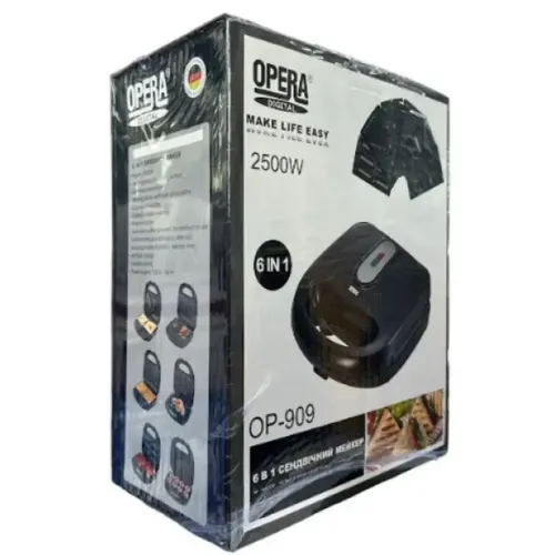 Електрична сэндвичница, бутербродниця Sandwich Maker Opera OP-909 2500W з 6 знімними формами гриль, вафельниця, Горішниця з антипригарним покриттям