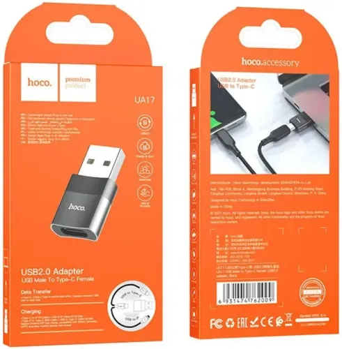 Універсальний перехідник Hoco UA17 USB to Type-C з функцією зарядки і передачі даних до 480 Мбіт/с, Адаптер Хоко юсб на USB-C 3A 60W Чорний, Адаптер Хоко юсб на USB-C 3A 60W