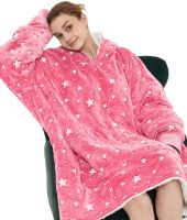 Светящийся взрослый худи толстовка Huggle Hoodie Stars Dream 2в1 унисекс оверсайз толстовка-плед с карманом и капюшоном на флисе 126х180 Розовая