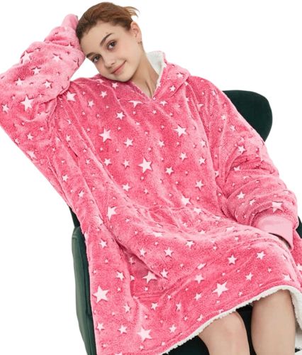 Светящийся взрослый худи толстовка Huggle Hoodie Stars Dream 2в1 унисекс оверсайз толстовка-плед с карманом и капюшоном на флисе 126х180 Розовая